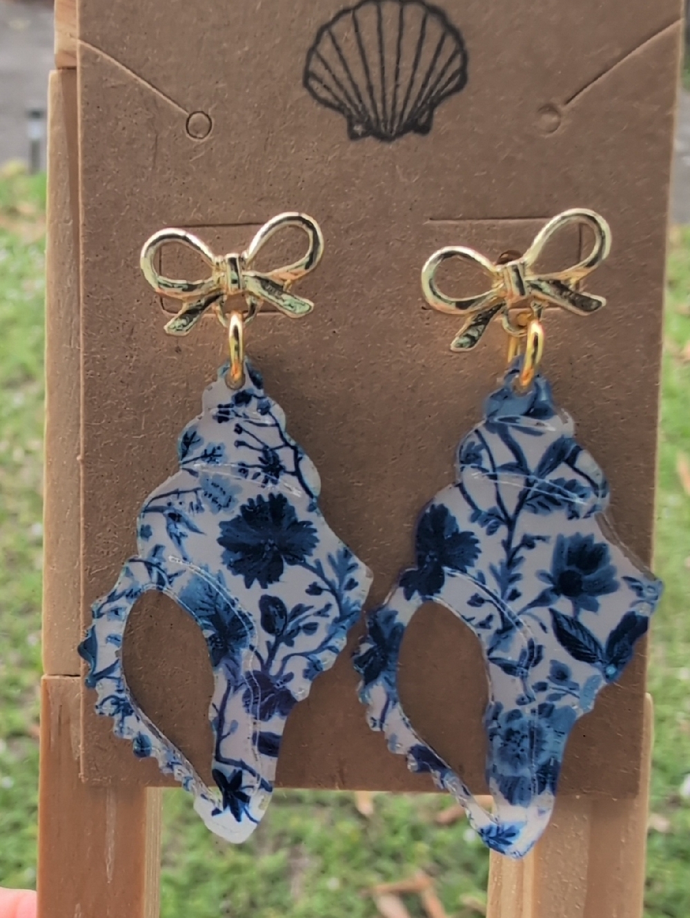 Gold Bow Drop Earrings with Blue Floral Shell Charms